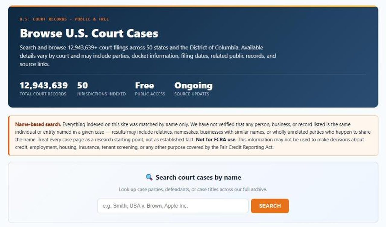 Open Public Records court search page with a Search court cases by name box and a Search button
