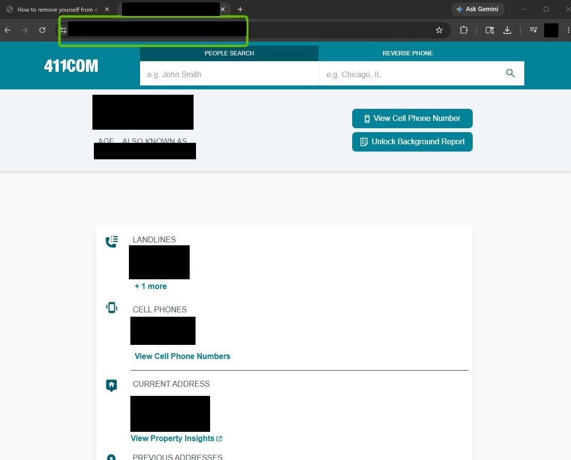 A 411.com listing with the name, age, other names, landlines, cell phones and current address blacked out, and the browser's address bar, also blacked out, outlined in green.