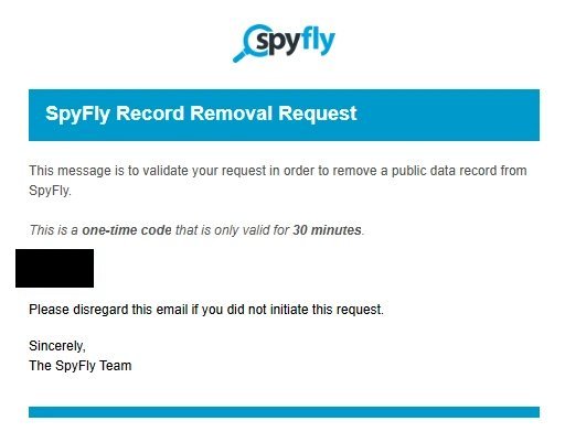SpyFly's Record Removal Request email stating that its one-time code is only valid for 30 minutes, with the code covered