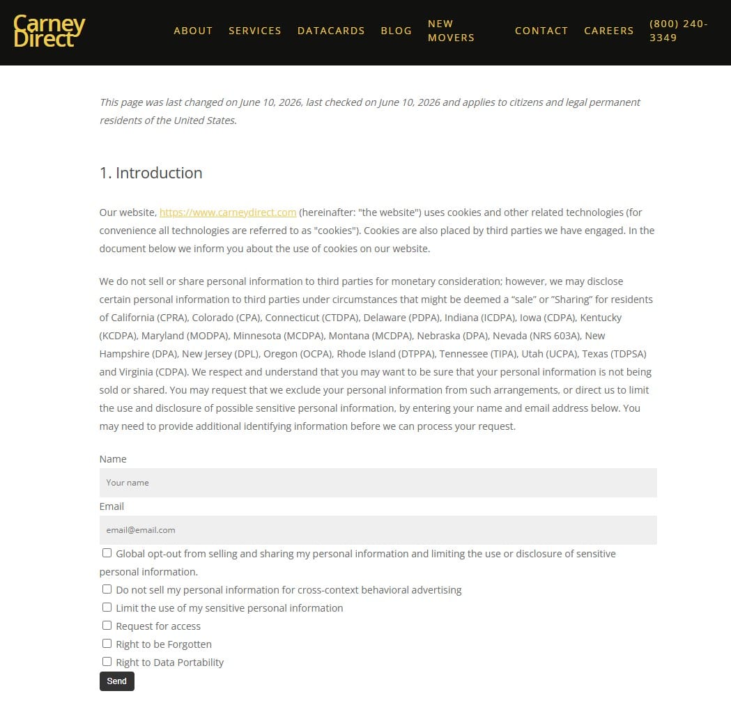 Carney Direct opt-out preferences page listing twenty state privacy statutes, above a form with Name and Email fields and six unticked request checkboxes ending in a Send button