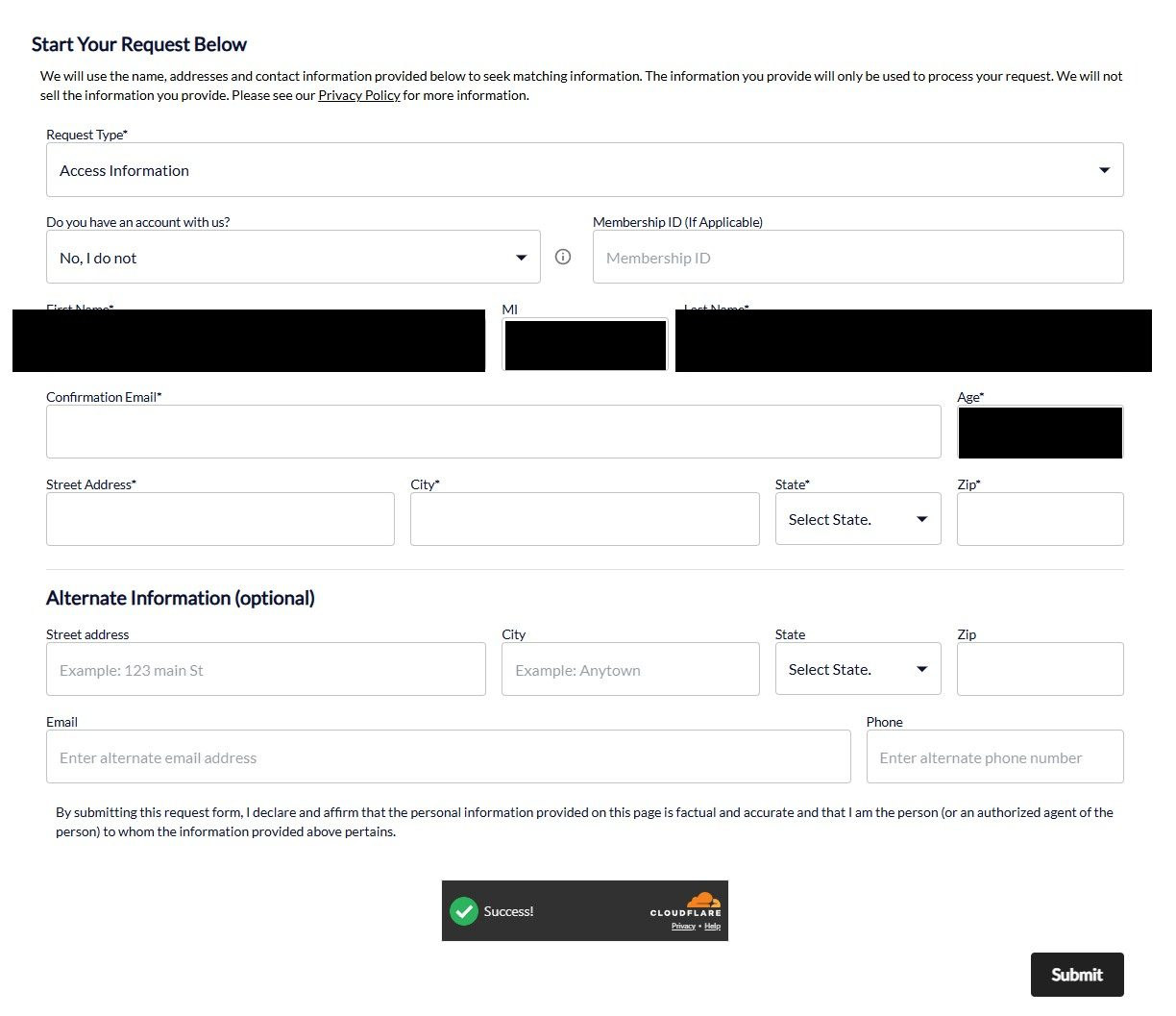 Bumper's 'Start Your Request Below' form with a Request Type dropdown, account question, Membership ID field, required name, confirmation email, age and address fields, an optional Alternate Information section, a completed Cloudflare check, and a Submit button
