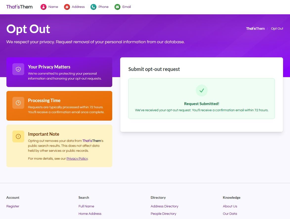 The ThatsThem Opt Out page after submitting. The Submit opt-out request card shows a green checkmark, the heading Request Submitted!, and the line You'll receive a confirmation email within 72 hours. Three panels on the left explain privacy, processing time and the note that other services are unaffected.