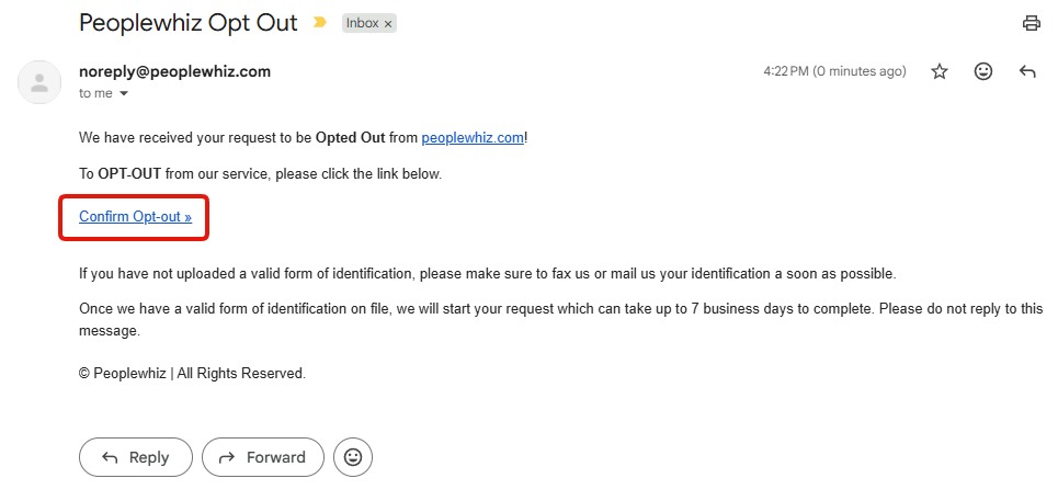 The Peoplewhiz Opt Out email from noreply@peoplewhiz.com with a Confirm Opt-out link, above a notice that a valid form of identification must be faxed or mailed before the request starts and that it can take up to 7 business days.