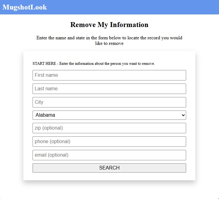 MugshotLook's removal search, asking for a name and a location