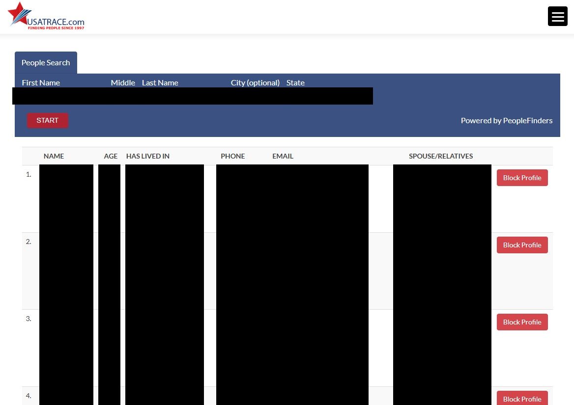 USATrace search results listing candidates with name, age, past cities, partially masked phone numbers and emails, and spouse/relatives columns, each row with a red Block Profile button