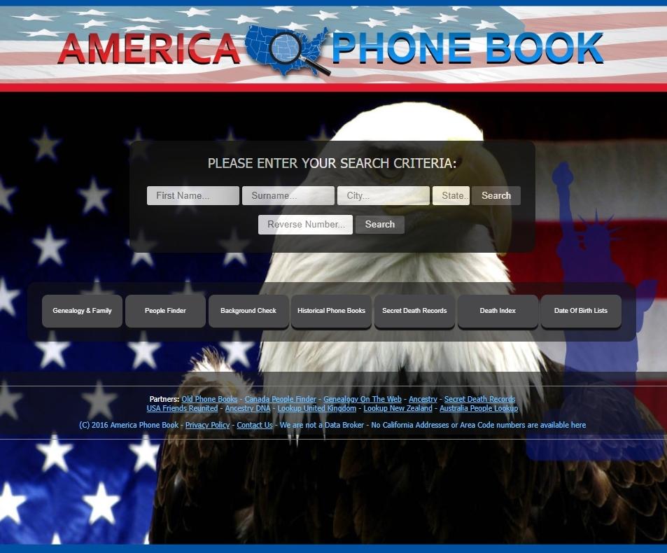 The America Phone Book homepage, a bald eagle in front of the Stars and Stripes. A dark panel headed PLEASE ENTER YOUR SEARCH CRITERIA holds boxes for first name, surname, city and state with a Search button, a Reverse Number box underneath, and a row of grey category buttons below it.