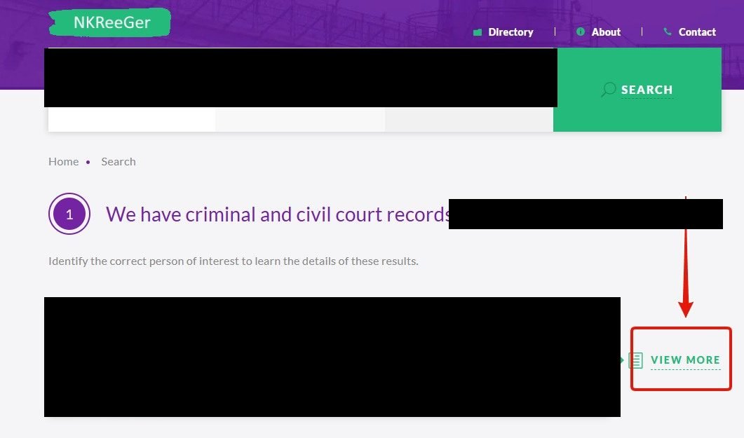 NKReeGer search results headed 'We have criminal and civil court records on' the searched name, showing a record card with a mugshot, arrest counts and physical details, with the VIEW MORE link boxed in red