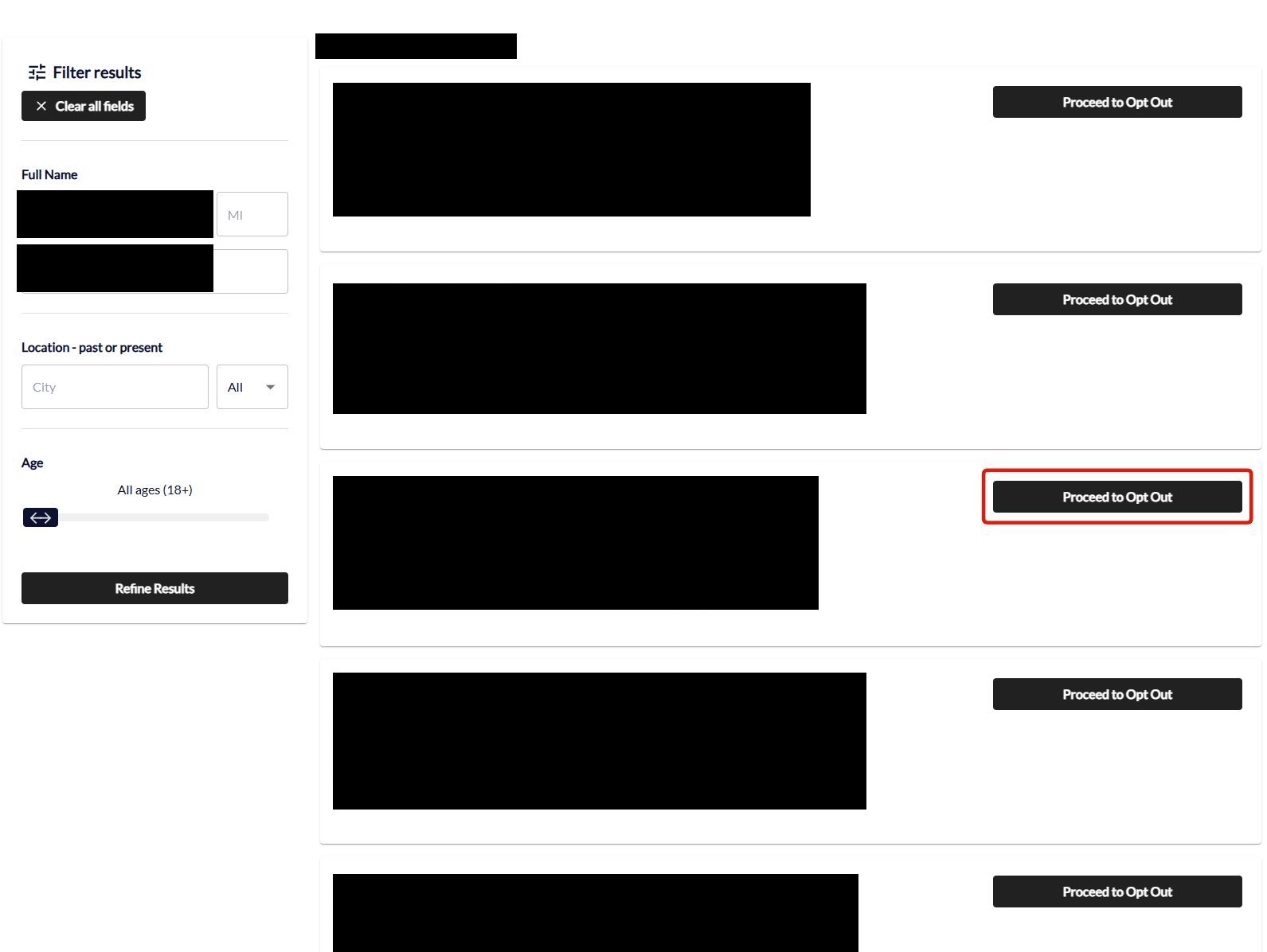NumberGuru opt-out search results listing several people of the same name, each showing born date, aliases, relatives and locations, with a 'Proceed to Opt Out' button on every row and the chosen row's button outlined in red.