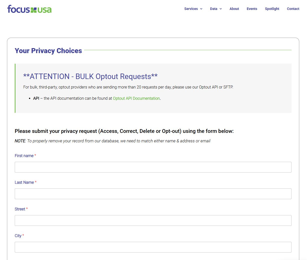 Focus USA's Your Privacy Choices page, showing a notice about bulk opt-out requests and an API, then the request form beginning with required First name, Last Name, Street and City fields.