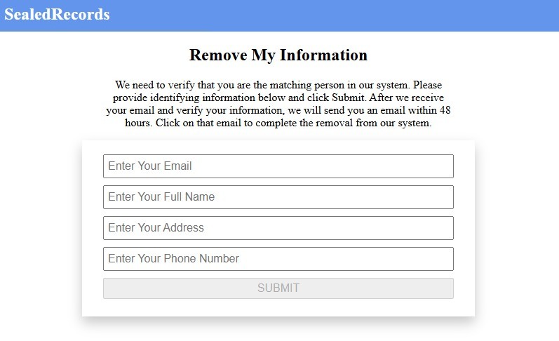 The last SealedRecords form, collecting contact details, noting a verification email completes the removal