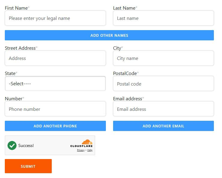 Accurate Append data opt-out form fields. Two-column layout with First Name (required, placeholder reads 'Please enter your legal name') and Last Name (required) at top, followed by a blue 'ADD OTHER NAMES' button to register name variants. Below: Street Address (required), City (required), State (required dropdown showing '-Select----'), and Postal Code (required) in a two-column layout. Then Number (required, phone) and Email address (required) fields with blue 'ADD ANOTHER PHONE' and 'ADD ANOTHER EMAIL' buttons below, although the page text asks for a separate request per extra contact point. Bottom of form shows a green-check Cloudflare 'Success' anti-bot widget and an orange 'SUBMIT' button.