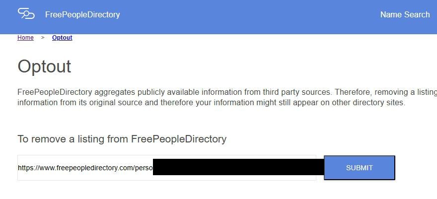 The FreePeopleDirectory Optout page. Under the heading To remove a listing from FreePeopleDirectory, a text box holds a pasted profile URL with its path blacked out, next to a blue SUBMIT button.