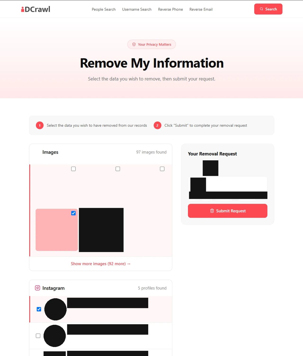 IDCrawl's Remove My Information page, with tick boxes on images and Instagram profiles and a Your Removal Request panel on the right. Photos and names are blacked out.