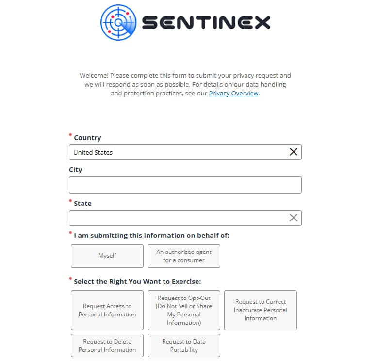 The Sentinex privacy request form on the OneTrust portal, with a required Country field set to United States, an optional City, a required State, a choice between Myself and An authorized agent for a consumer, and five rights to choose from.