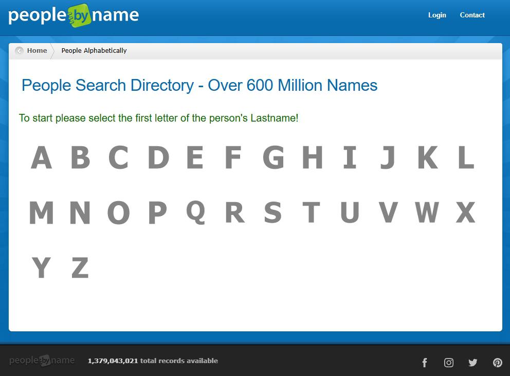PeopleByName's People Search Directory page, headed Over 600 Million Names, with a green prompt to select the first letter of the person's last name above an A to Z grid of large gray letters. The footer reads 1,379,043,021 total records available.