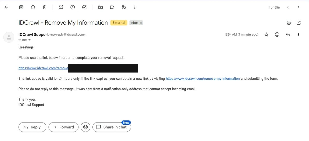 An email from IDCrawl Support titled IDCrawl - Remove My Information, with a removal link that is blacked out and a note that the link is valid for 24 hours only.