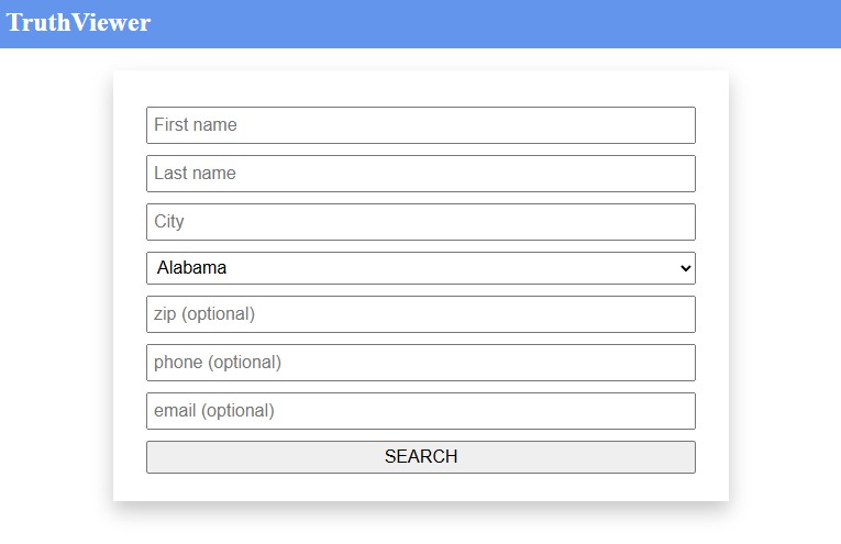 TruthViewer's opt-out search form with fields for first name, last name, city, a state dropdown showing Alabama, optional zip, phone and email fields, and a SEARCH button