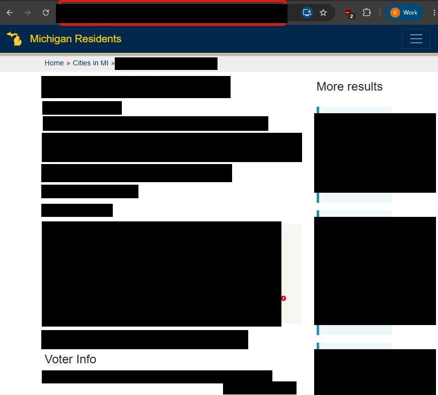 A profile page on MichiganResidentDatabase.com with the browser address bar's /person/ URL highlighted with a red box for copying