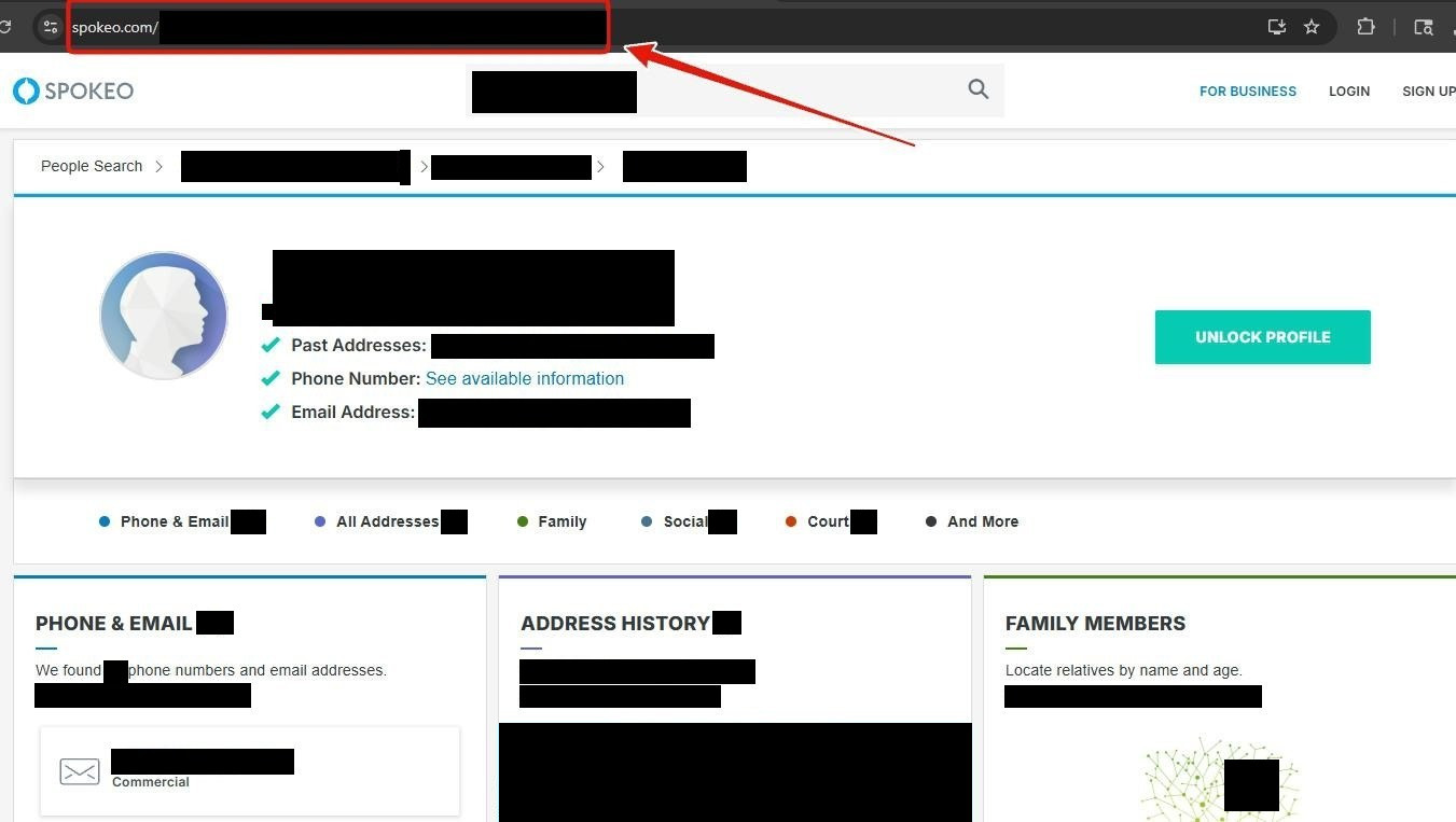 The Spokeo profile page with the browser's address bar outlined in red. The profile path in the bar, the name, details, record counts and address map are blacked out.