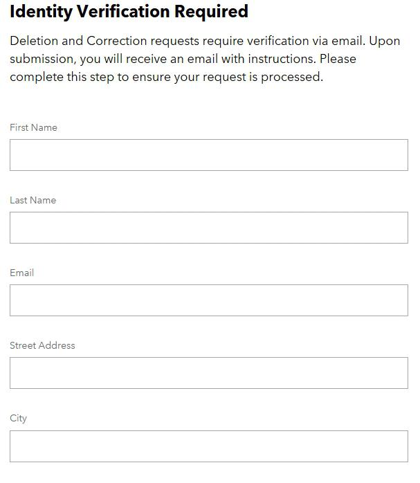 The 'Identity Verification Required' section of the same Consumer Privacy Request Form. Header reads: 'Deletion and Correction requests require verification via email. Upon submission, you will receive an email with instructions. Please complete this step to ensure your request is processed.' Below that, empty form fields labeled First Name, Last Name, Email, Street Address, and City.
