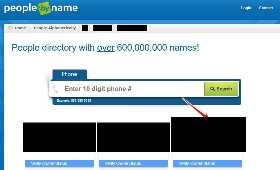 A PeopleByName directory page headed People directory with over 600,000,000 names, with a phone number search box beneath the heading. The breadcrumb after People Alphabetically is blacked out, as are three listing cards below it, and a red arrow points at the top-right corner of the third card, where the Record ID sits.