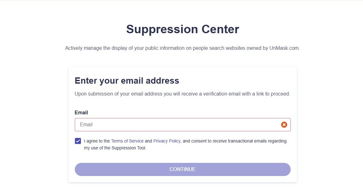 UnMask's Suppression Center asking for an email address, with a ticked terms box and a Continue button