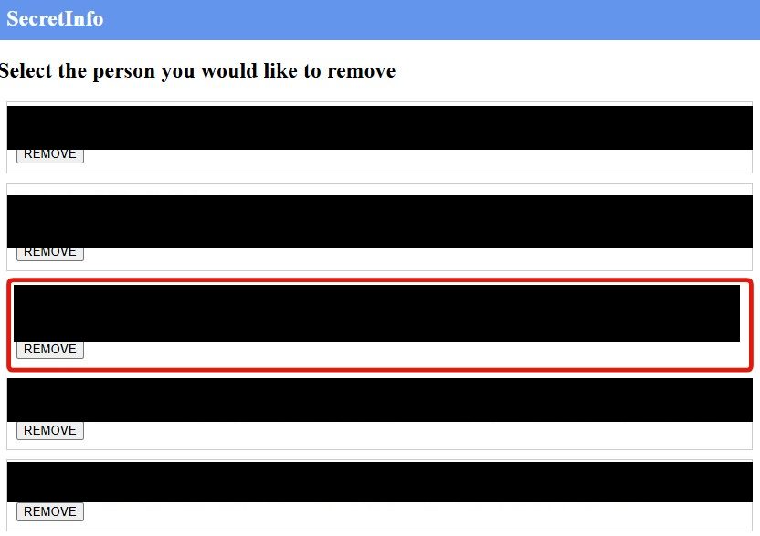 A column of SecretInfo candidate records, ages and past cities beside each, every one carrying its own REMOVE button