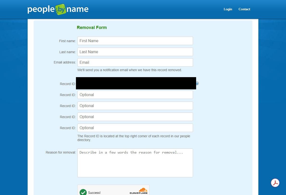 PeopleByName's Removal Form with First name, Last name and Email address boxes and a note that an email follows once the record is removed. Below sit five Record ID boxes, the first blacked out and the other four marked Optional, a line saying the Record ID is at the top right of each directory record, a Reason for removal box, and a Cloudflare check showing Success.