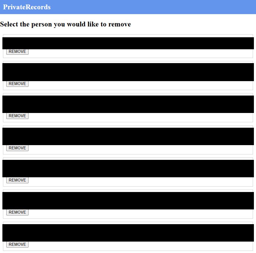 PrivateRecords' results page headed Select the person you would like to remove, showing seven result cards with every detail blacked out and a REMOVE button under each