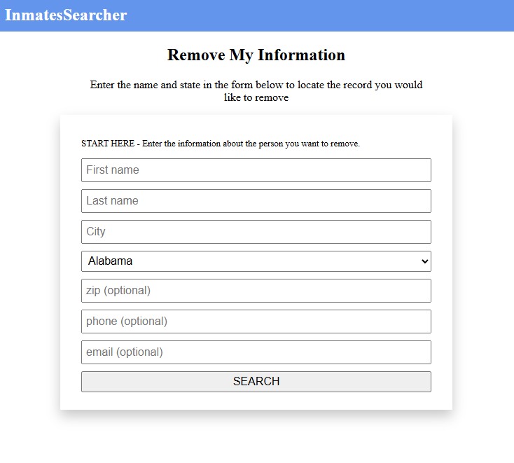 InmatesSearcher's removal search, asking for a name and a location