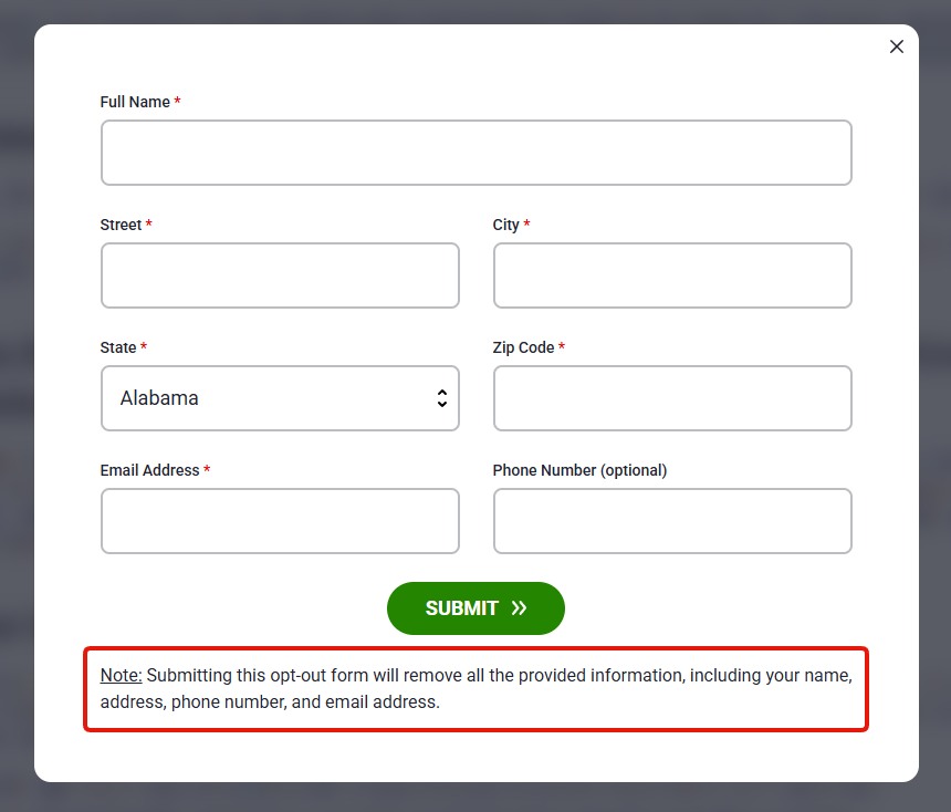 The same opt-out pop-up with the note under the SUBMIT button highlighted with a red box: submitting the form will remove all the provided information, including name, address, phone number and email address