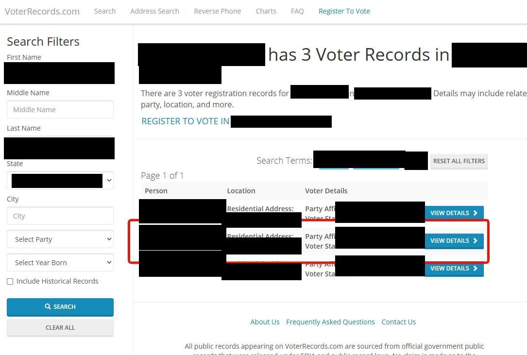 A VoterRecords results page with a Search Filters panel on the left and three result rows on the right, each with a blue VIEW DETAILS button. The middle row is outlined in red. Names, addresses, party and status values, and the state searched are blacked out.