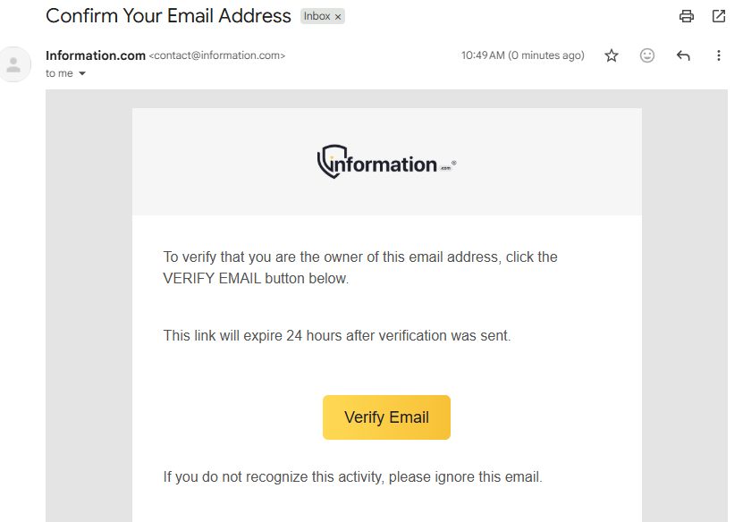 Information.com's Confirm Your Email Address message with a Verify Email button and a note that the link expires in 24 hours