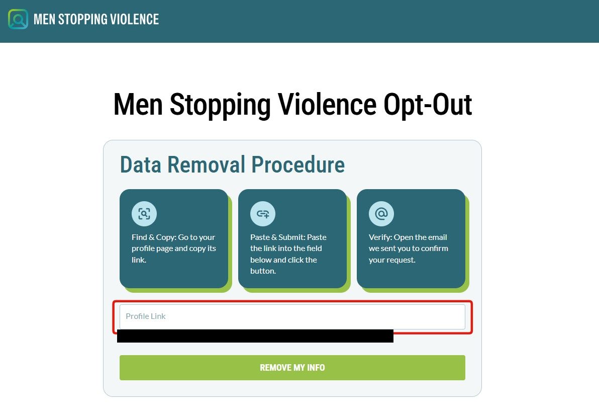 The Men Stopping Violence Opt-Out page with a Data Removal Procedure panel, a Profile Link input highlighted in red, and a green REMOVE MY INFO button