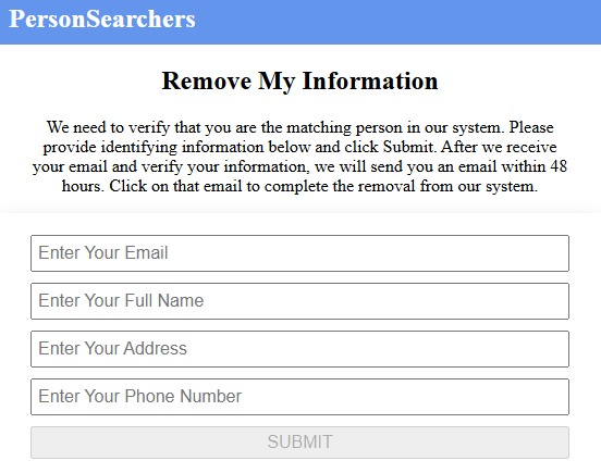 The final Person Searchers form, collecting contact details, with a note that an emailed link completes the removal
