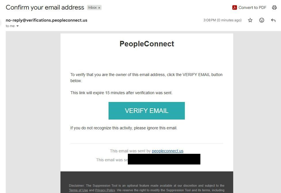 PeopleConnect email confirmation message with a Confirm Email button.