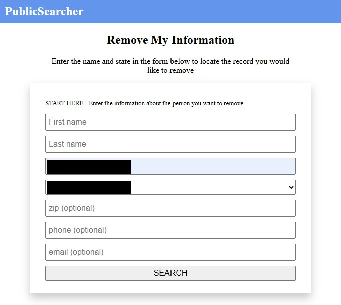 PublicSearcher's removal search, collecting a name and location