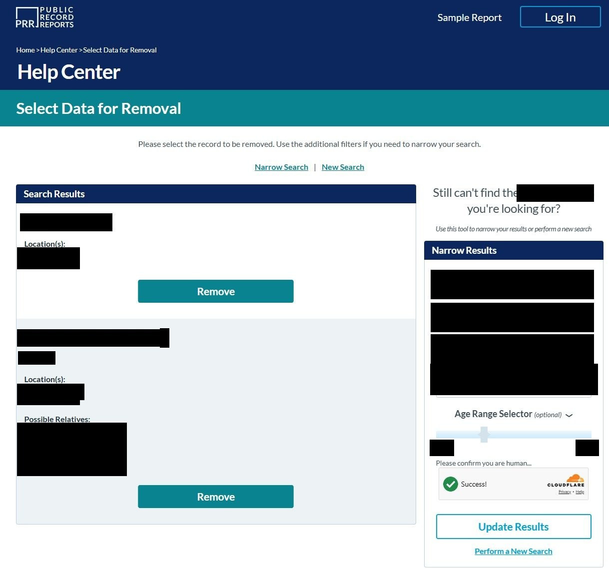 The Select Data for Removal page on Public Record Reports, listing a matched record with locations, age and possible relatives beside a Remove button, with a Narrow Results panel of name, city, state and age-range filters.