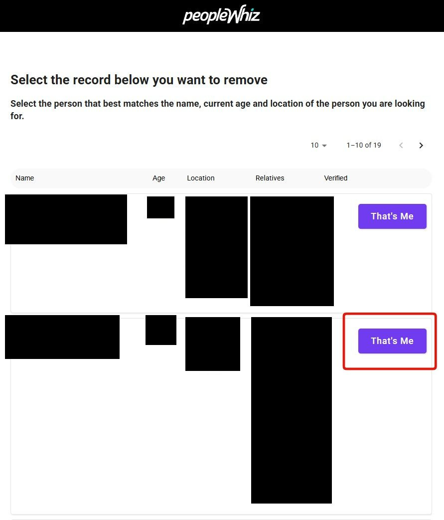 PeopleWhiz's Select the record below you want to remove table, listing candidates with names, other names, age, locations and relatives, each row carrying a That's Me button.