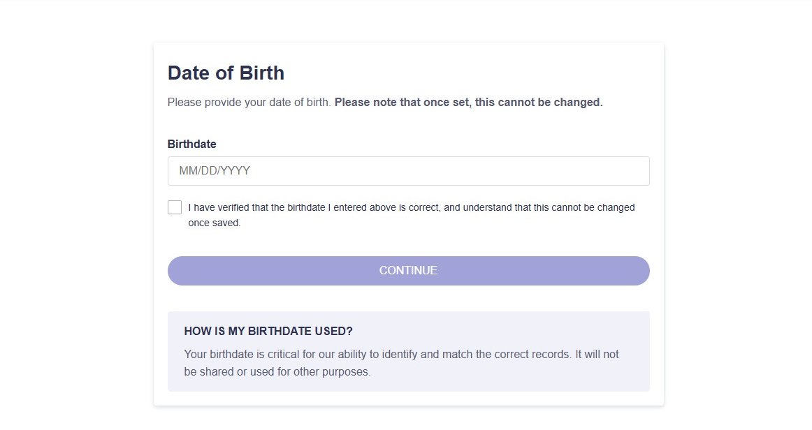 UnMask's Date of Birth screen warning that the birthdate cannot be changed once set, with an empty date box