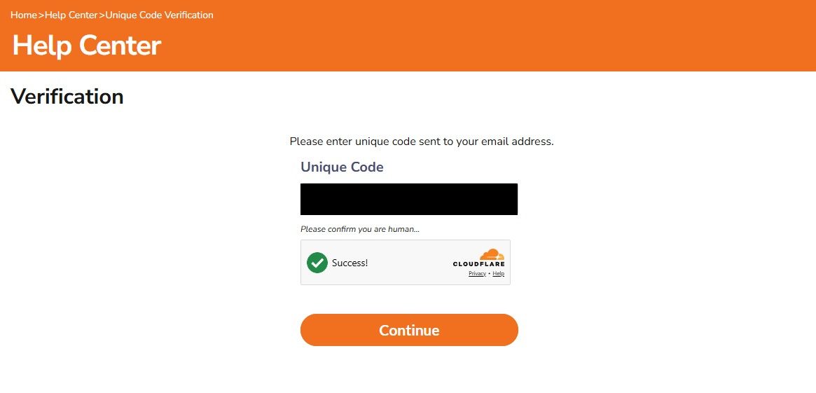 The Verification screen on QuickPublicRecords, headed Unique Code, with the typed code blacked out, a cleared human check underneath and an orange Continue button.