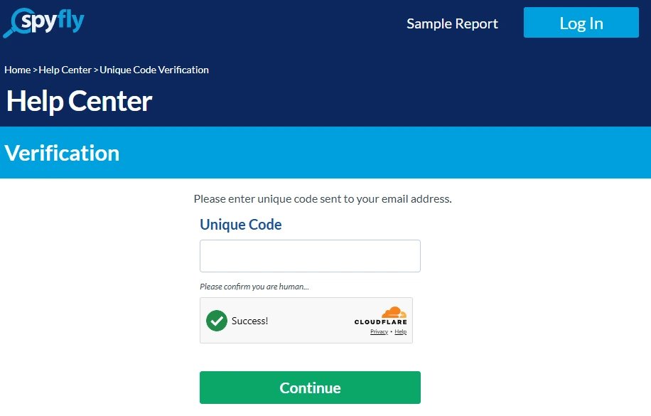 SpyFly's Verification screen with a Unique Code box and a Continue button