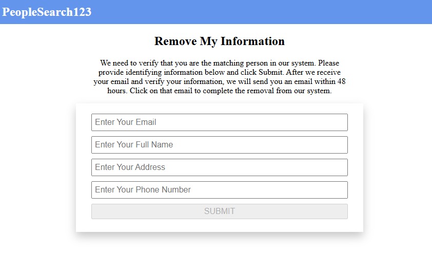 The final PeopleSearch123 form, collecting contact details, noting an emailed link completes the removal