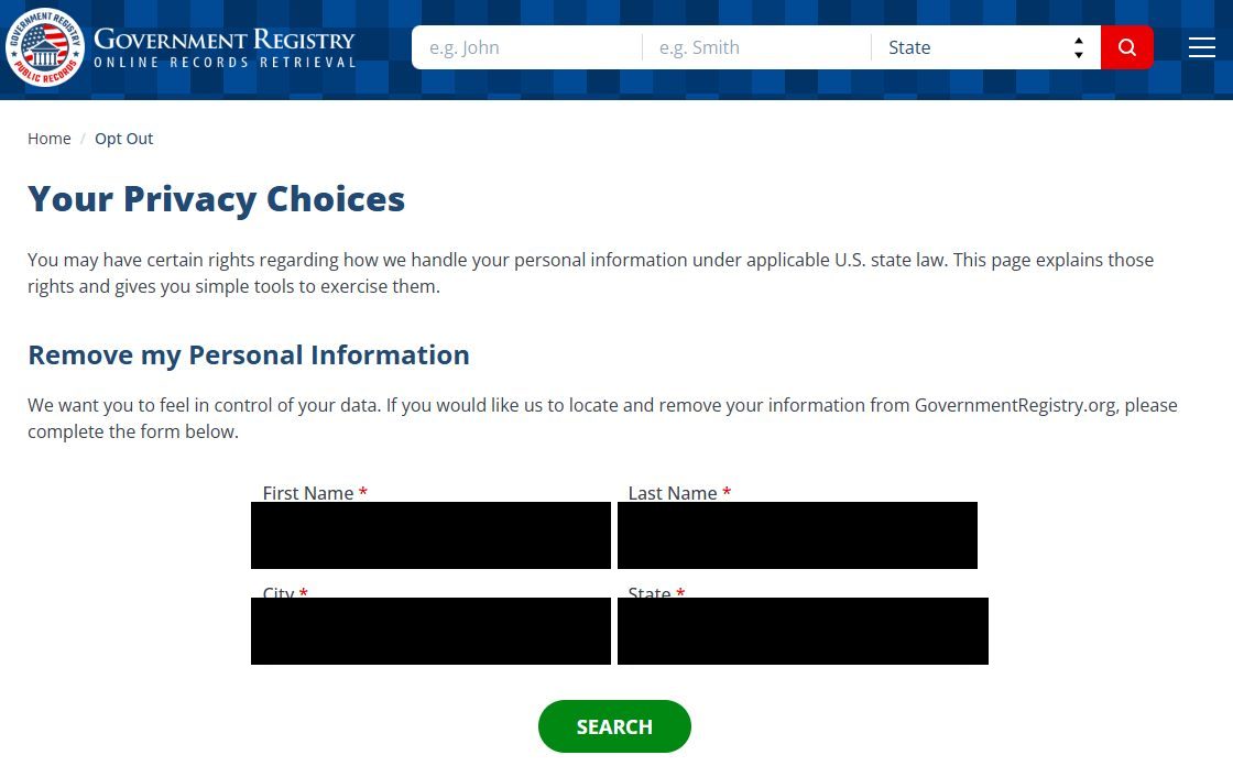 Government Registry's Your Privacy Choices page with the Remove my Personal Information search form - required first name, last name, city, and state fields and a green SEARCH button