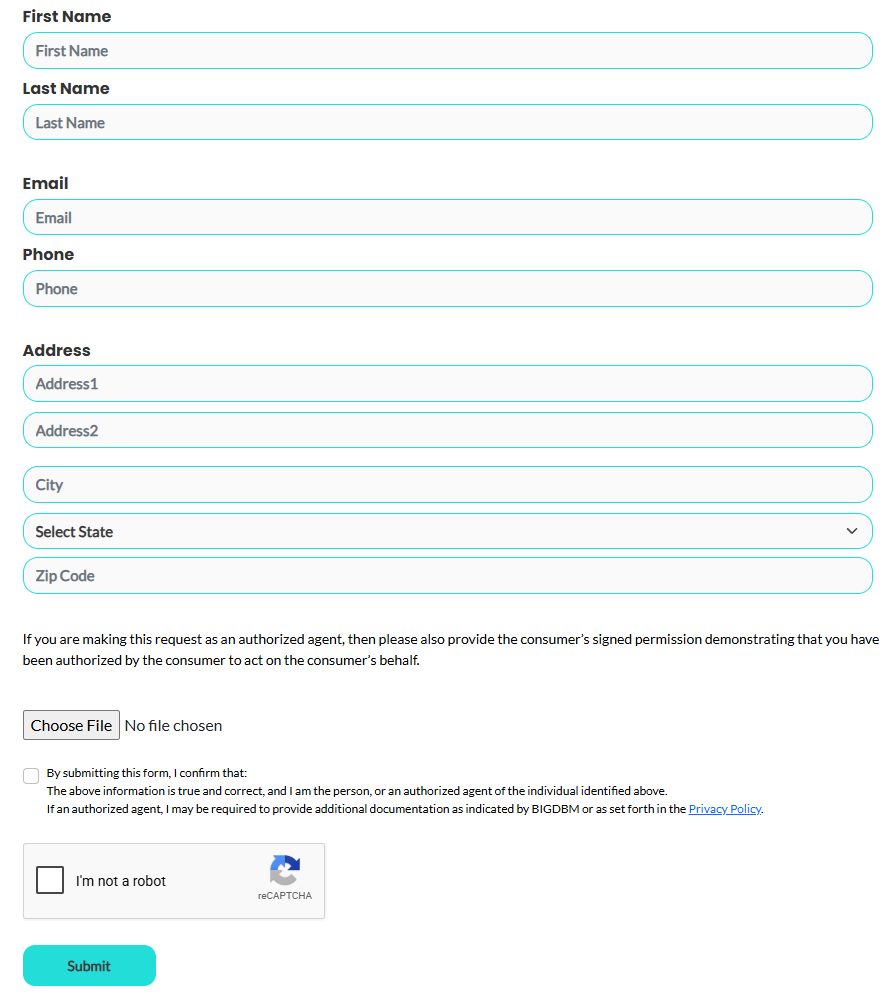 BIGDBM's Limit the Use of My Sensitive Personal Information form, with the same name, email, phone and address fields, an authorised agent upload, a confirmation checkbox, a reCAPTCHA and a Submit button.
