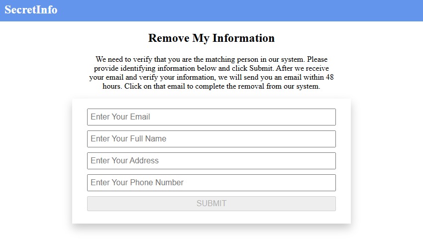 The last SecretInfo screen, collecting contact details and warning that an emailed link finishes the removal