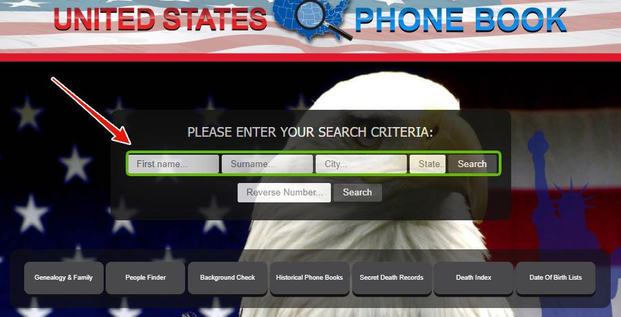The United States Phone Book homepage with an eagle and flag behind the search panel. A red arrow points to a green outline around the first name, surname, city and state fields and the Search button, above a Reverse Number field and a strip of category buttons.