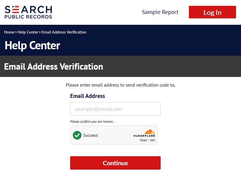 The Email Address Verification page on Search Public Records, with a single Email Address box, the Cloudflare tick and a Continue button.