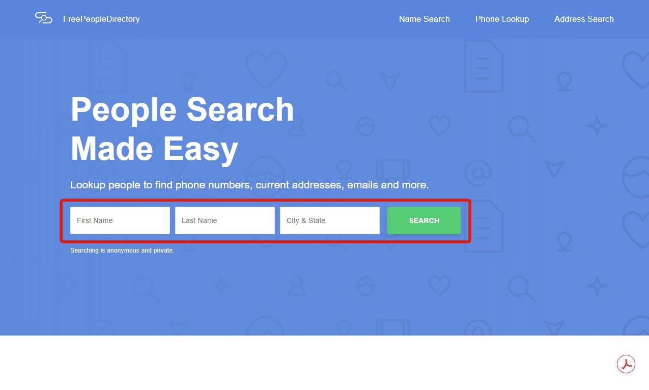 The FreePeopleDirectory homepage with the search form outlined in red. Three boxes read First Name, Last Name and City & State, followed by a green SEARCH button.