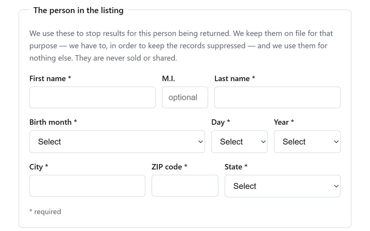 TruthViewer first and last name boxes, birth date choices and current city, ZIP code and state